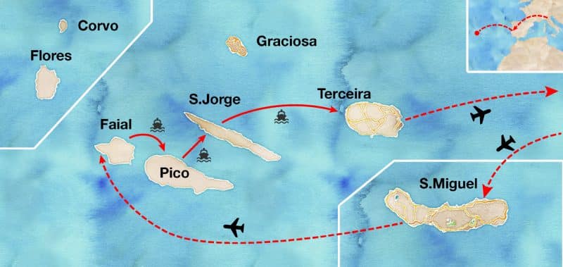 mappa dell'itinerario di viaggio alle azzorre