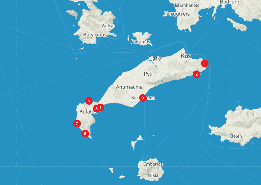 Kos- Cartina delle spiagge più belle